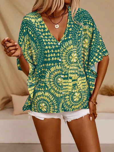 Women’s V-Neck Top – Relaxed Fit – Batwing Sleeves – Lightweight Printed Fabric