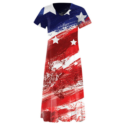 Women’s Maxi Dress – Relaxed Fit – V-Neck – Graphic Print – Short Sleeve – Cotton Blend