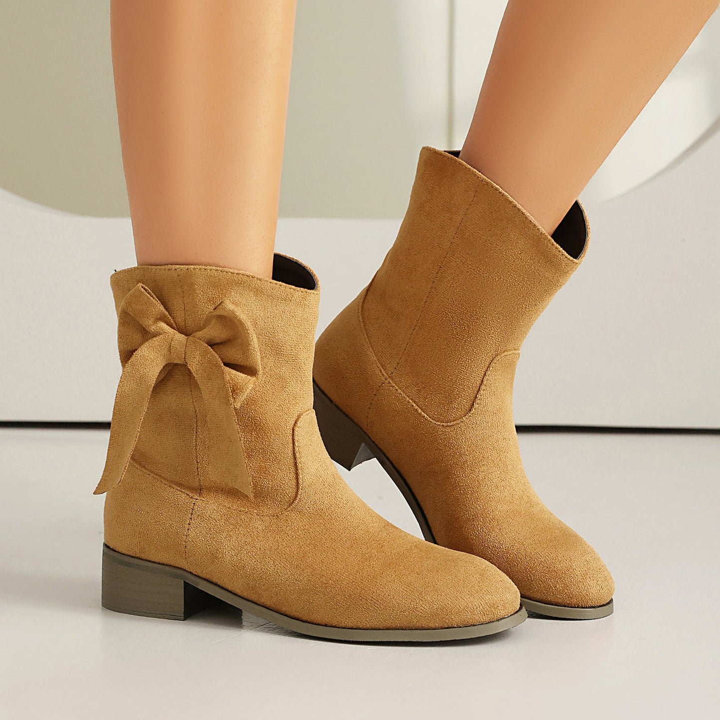 Women’s Short Boots – Suede Finish – Low Heel – Decorative Bow – Comfort Fit