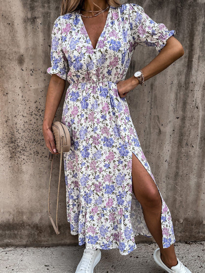 Women’s Maxi Dress – High Waist – V-Neck – Short Sleeve – Floral Print – Side Slit