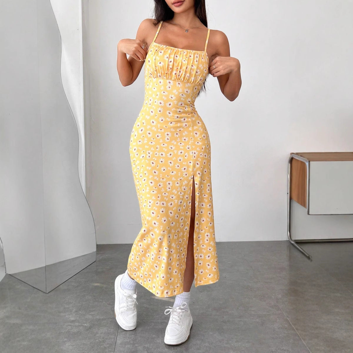 Women’s Sundress – Slim Fit – Bustier Bodice – Spaghetti Straps – Floral Print – Side Slit