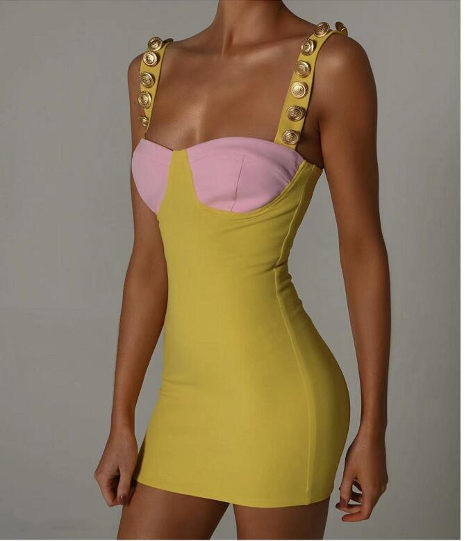 Women's Bodycon Dress - Bustier Top - Button Strap Detail - Fitted Stretch Fabric
