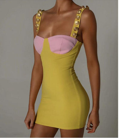 Women's Bodycon Dress - Bustier Top - Button Strap Detail - Fitted Stretch Fabric