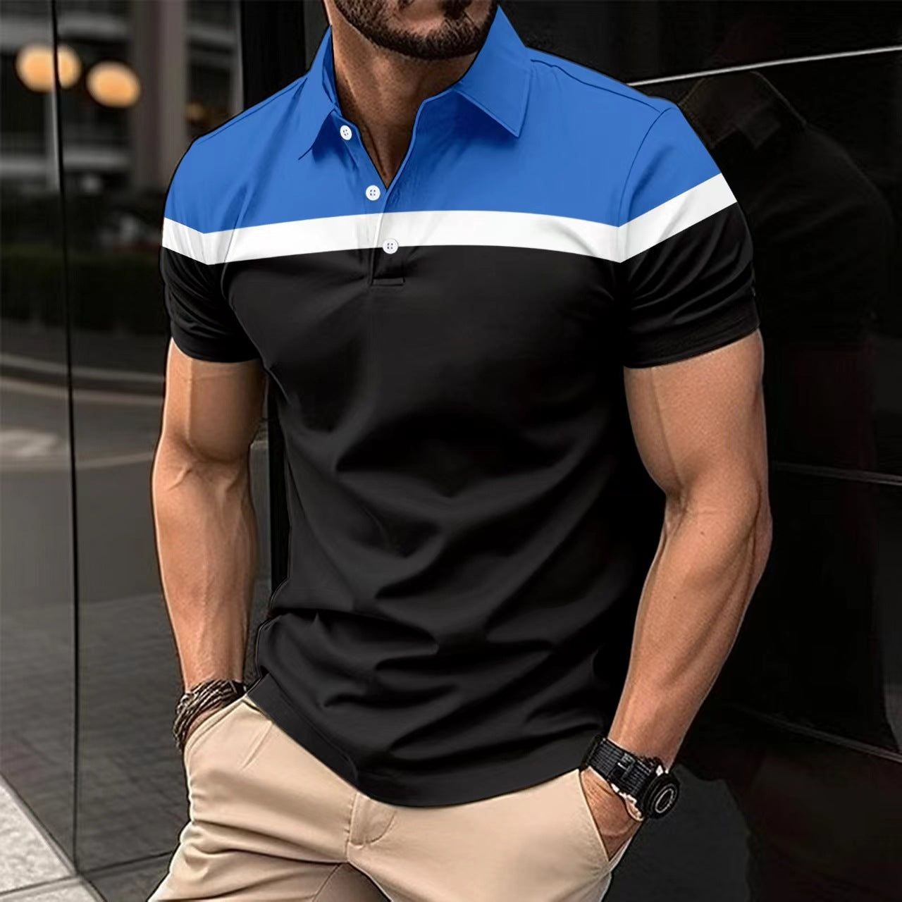 Men’s Polo Shirt – Slim Fit – Cotton Blend – Stripe Front – Short Sleeve Casual