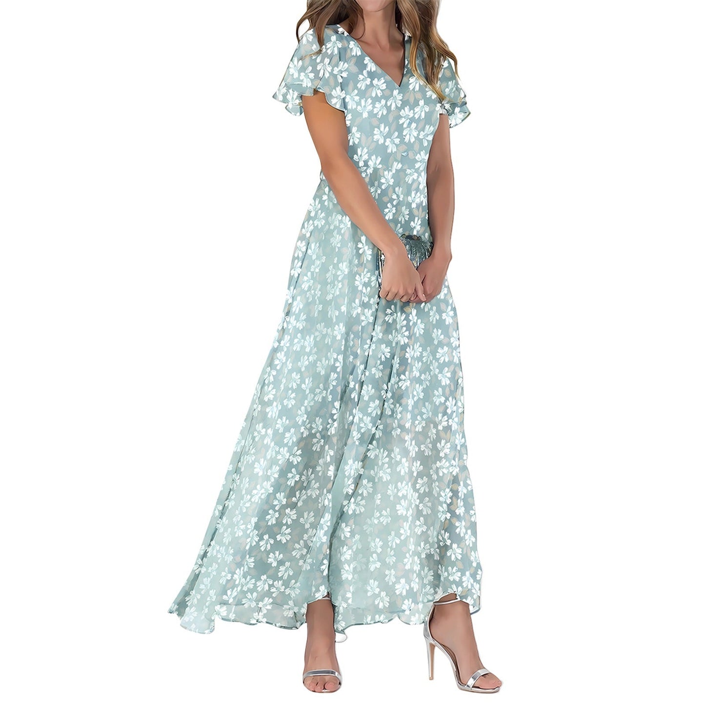 Women’s Maxi Dress – Flowing Fit – V-Neck – Flutter Sleeve – Luxury Fabric – Floral Print