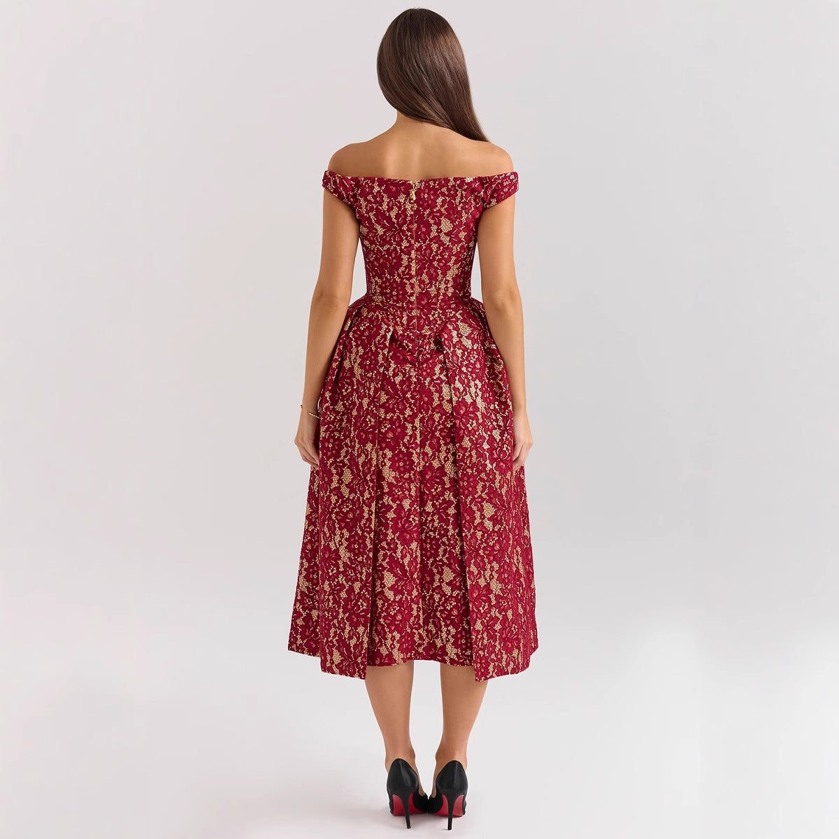 Women’s Off-Shoulder Midi Dress – Lace Overlay – Fitted Waist – Open Back – Floral Detail