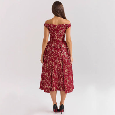 Women’s Off-Shoulder Midi Dress – Lace Overlay – Fitted Waist – Open Back – Floral Detail