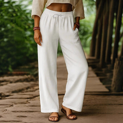 Women’s Wide Leg Trousers – Cotton Linen – Elastic Drawstring Waist – Relaxed Fit