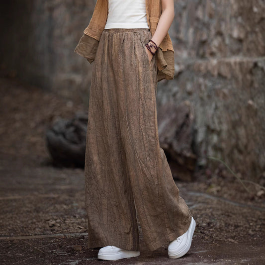Women’s Wide-Leg Trousers – Linen Cotton Blend – Relaxed Fit – Elastic Waistband Casual Style