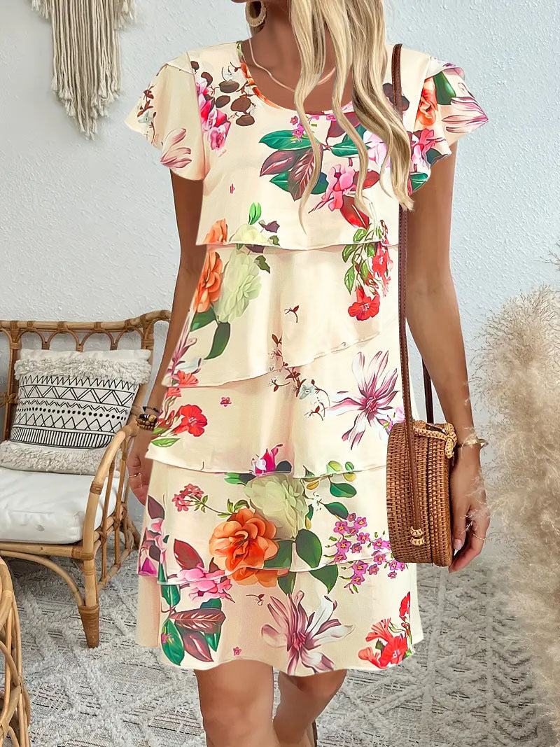 Women’s Midi Dress – Relaxed Fit – Lotus Leaf Sleeves – Tiered – Printed