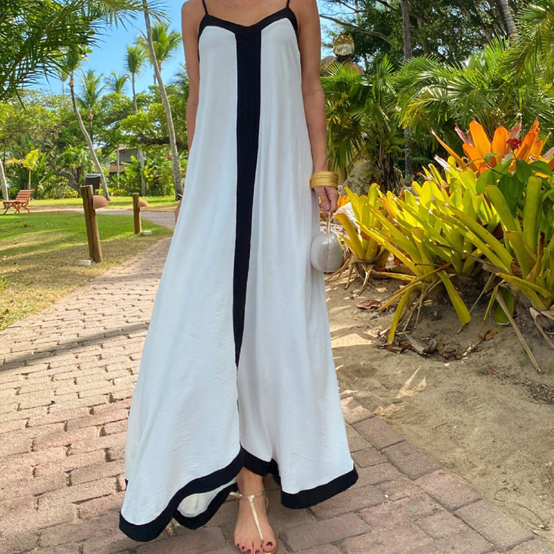 Women’s Maxi Dress – Loose Fit – Lightweight Fabric – Thin Straps – Contrast Detail