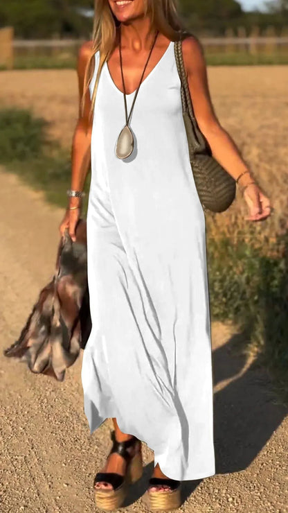 Women’s Maxi Dress – V-Neck – Relaxed Fit – Cotton Blend – Strappy Sleeveless Design