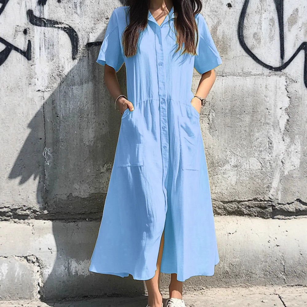 Women’s Shirt Dress – Relaxed Fit – Button-Down Front – Midi Length
