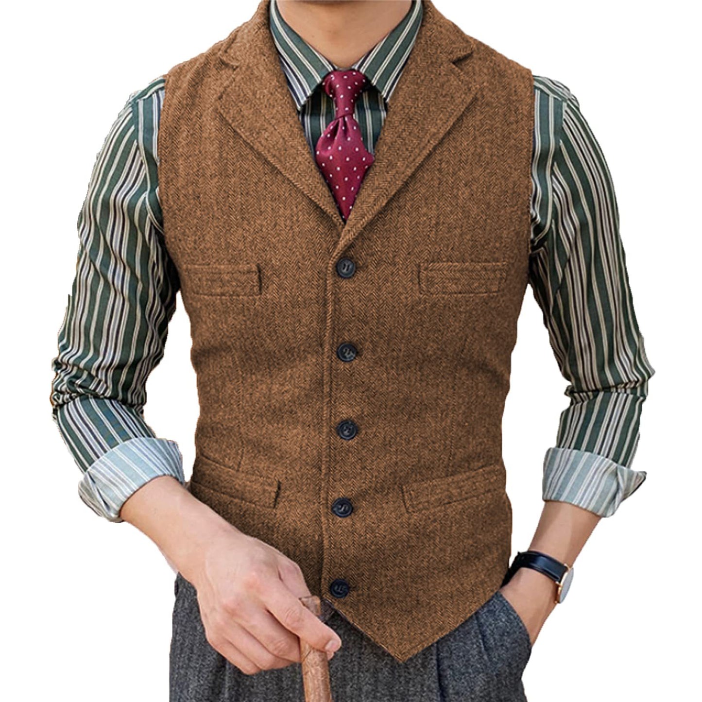 Men's lapel and herringbone pattern multi-pocket cardigan