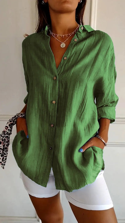 Women's Button-Down Long Sleeve Shirt – Relaxed Fit with Lapel Collar
