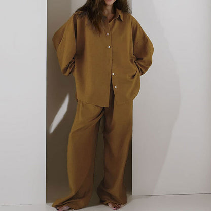 Women’s Two-Piece Set – Linen Blend – Oversized Fit – Button-Down Shirt & Wide-Leg Trousers