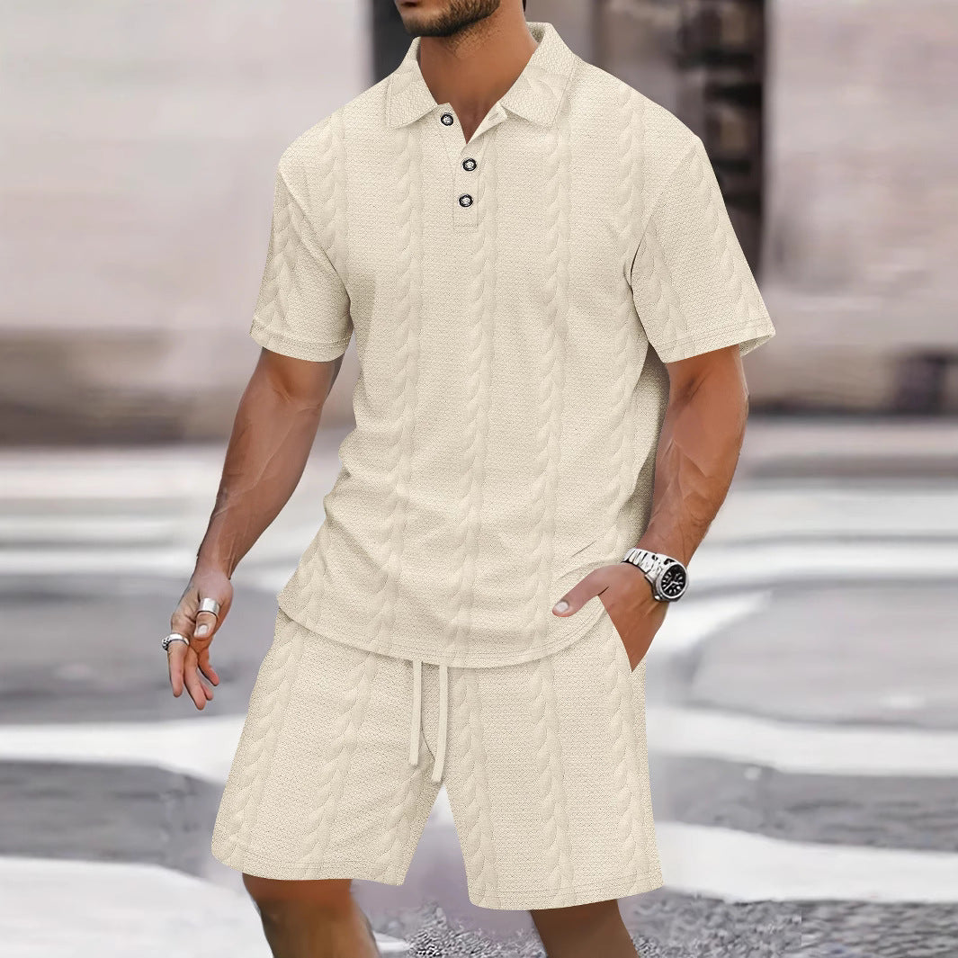 Men’s Shirt and Bermuda Shorts Set – Relaxed Fit – Knit Texture – Button Front – Polo Collar