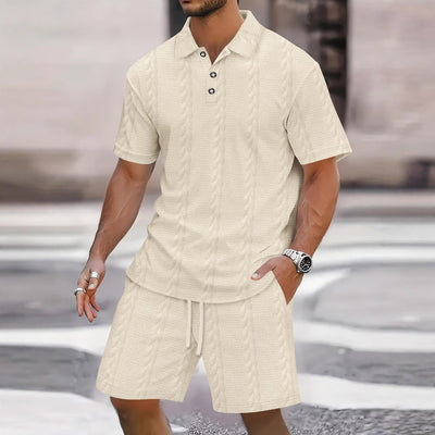 Men’s Shirt and Bermuda Shorts Set – Relaxed Fit – Knit Texture – Button Front – Polo Collar