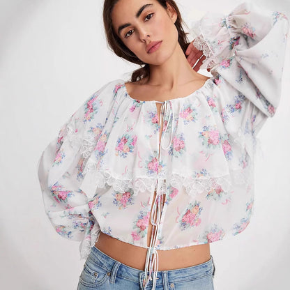 Women’s Blouse – Chiffon – Loose Fit – Floral Print – Lace Trim – Tie Front – Long Sleeve