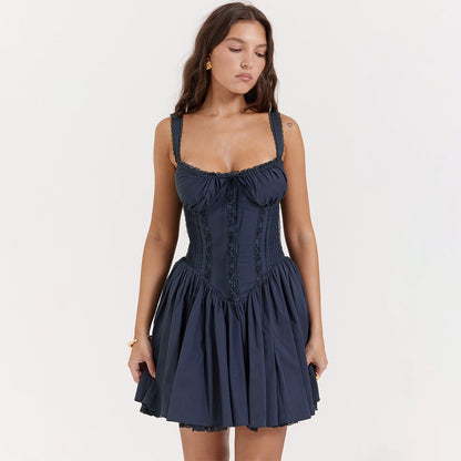 Women’s Mini Dress – Slim Fit – Lace Straps – Open Back – Pleated Skirt – Evening Wear