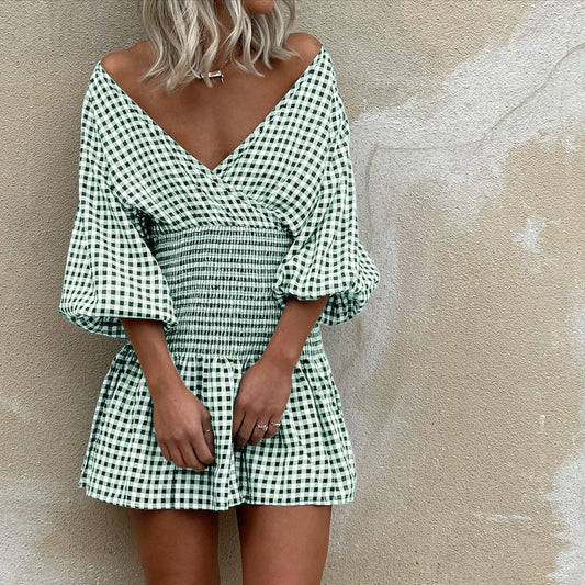 Women’s Mini Dress – Cotton Blend – V-Neck – Puff Sleeves – Gingham – Elastic Waist