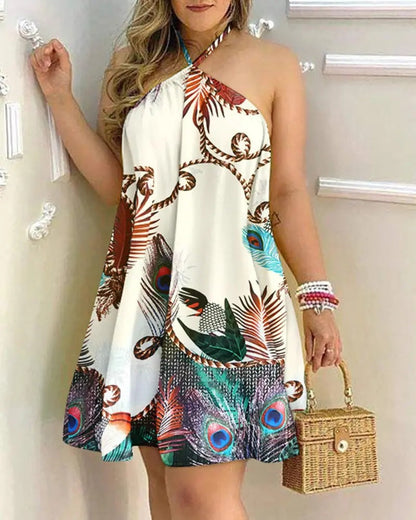 Women’s Mini Dress – Off-Shoulder Halter Neck – Loose Fit A-Line – Cotton Blend Fabric