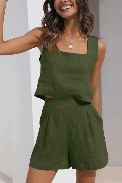 Women’s Two-Piece Set – Linen Blend – Cropped Square Neck Top – Pleated Shorts – Relaxed Fit