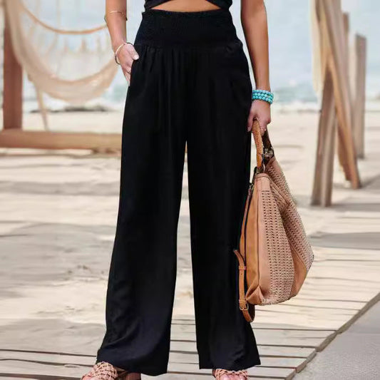 Women’s Wide Leg Trousers – Relaxed Fit – Breathable Blend – Elastic Waist Comfort
