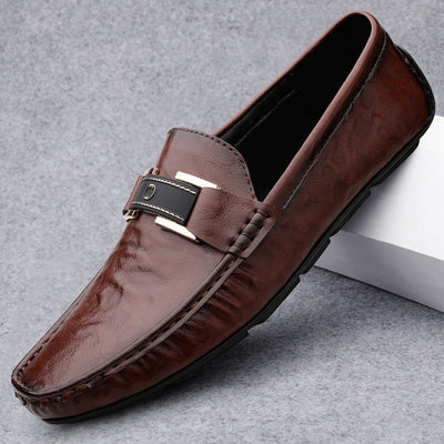 Men’s Leather Loafers – Slip-On Fit – Decorative Strap – Soft Sole – Versatile Style