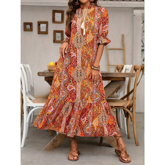 Women’s Midi Dress – Relaxed Fit – Ruffle Sleeves – Boho Print – Tiered Skirt – Tie Neckline