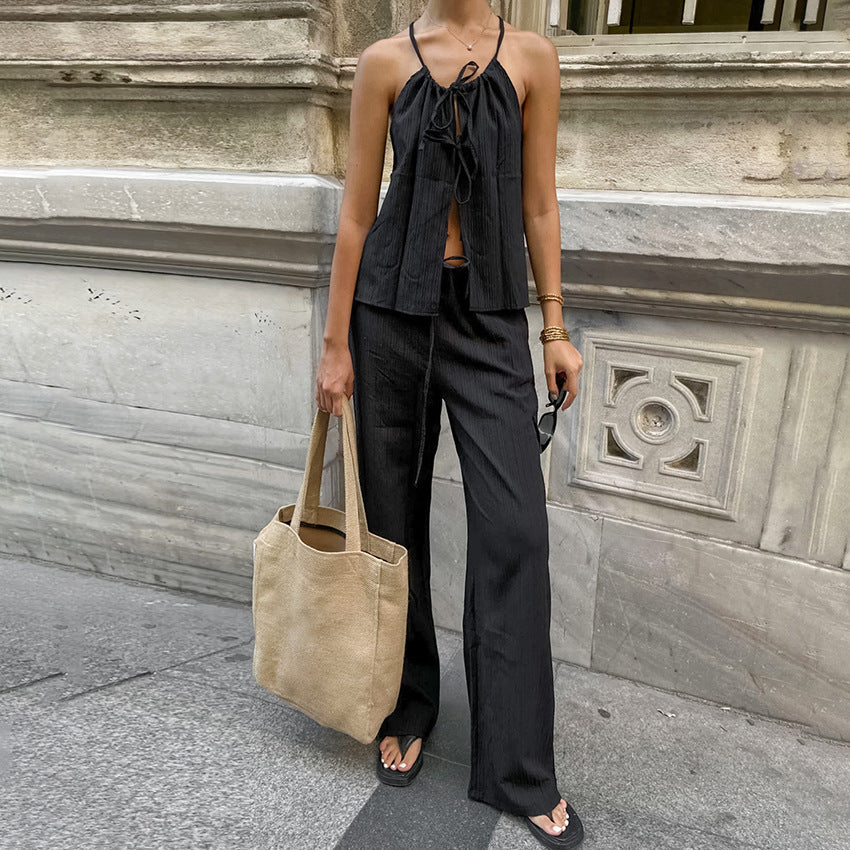Women’s Two-Piece Set – Linen Blend – Tie-Front Crop Top – Wide-Leg High-Waist Trousers