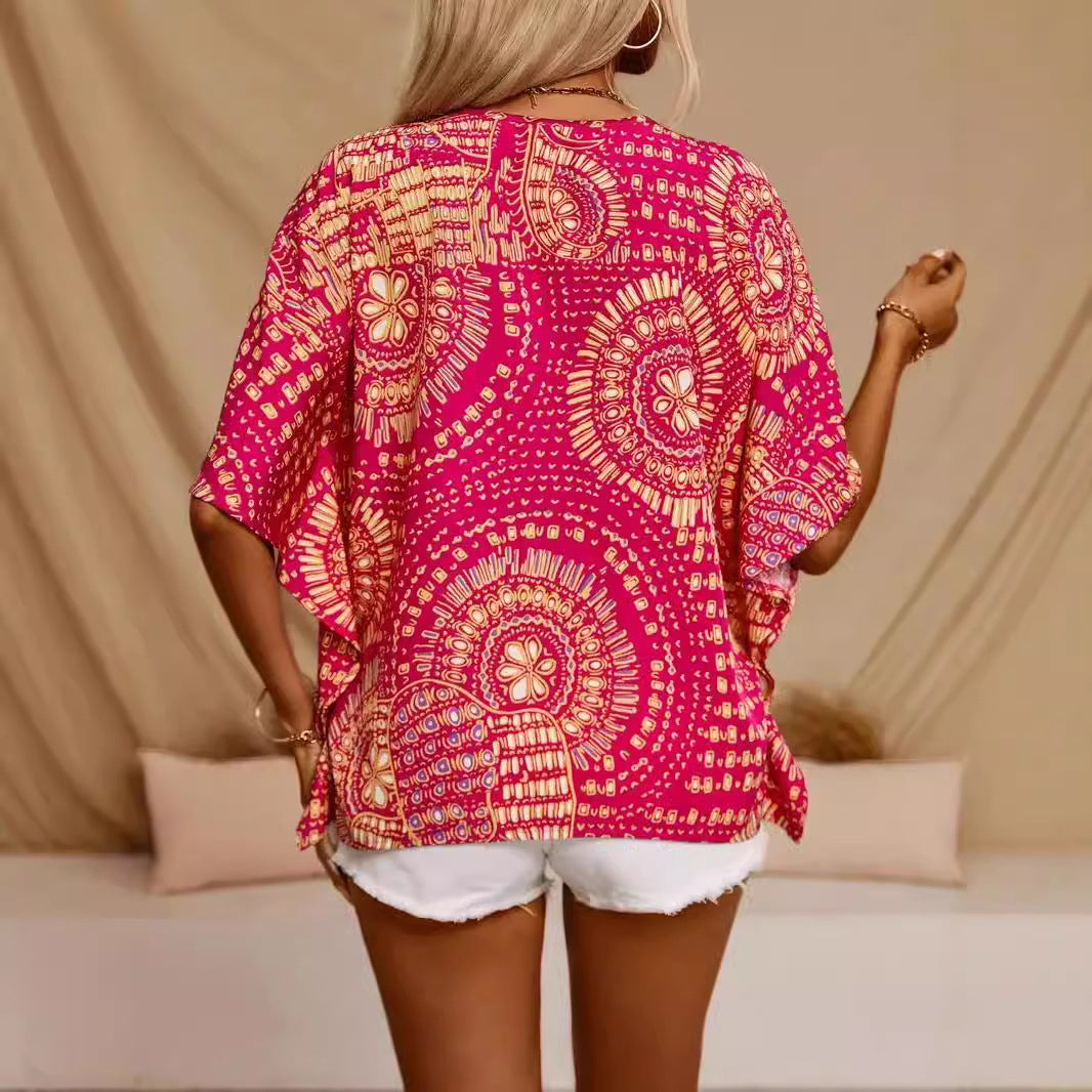 Women’s V-Neck Top – Relaxed Fit – Batwing Sleeves – Lightweight Printed Fabric