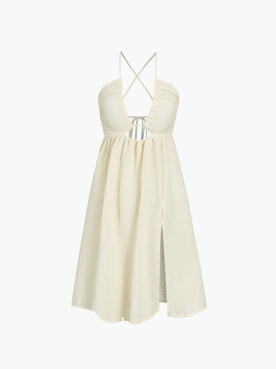 Women’s Midi Dress – Lightweight Cotton Blend – V-Neck – Cut-Out – High Slit – Relaxed Fit