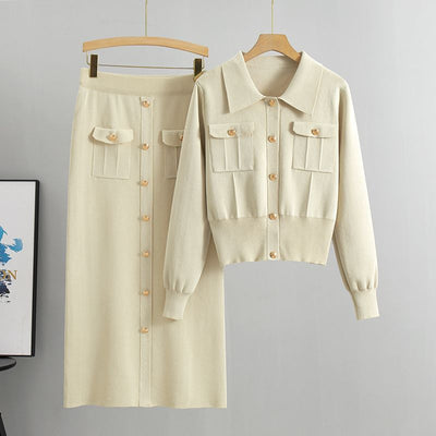 Women's Knit Two-Piece Set - Button-Up Cardigan & High-Waisted Midi Skirt