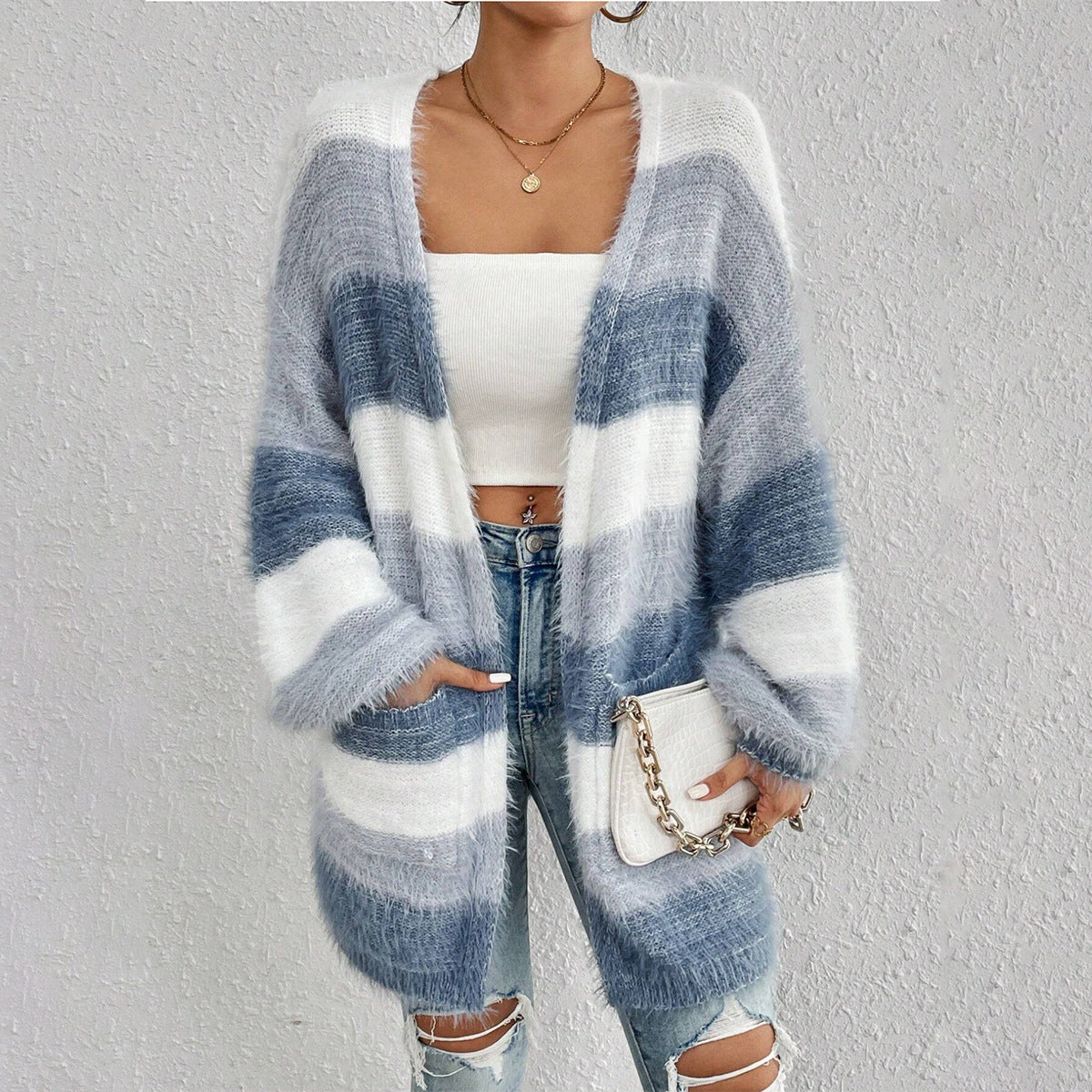Women’s Knit Cardigan – Oversized Fit – Plush Texture – Open Front – Striped Design
