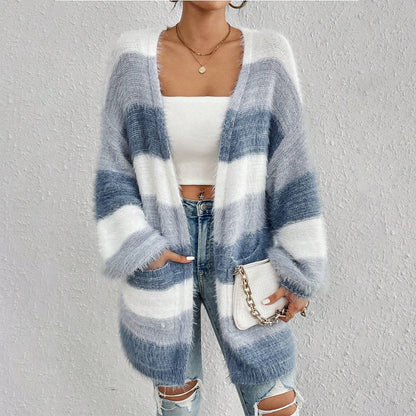 Women’s Knit Cardigan – Oversized Fit – Plush Texture – Open Front – Striped Design