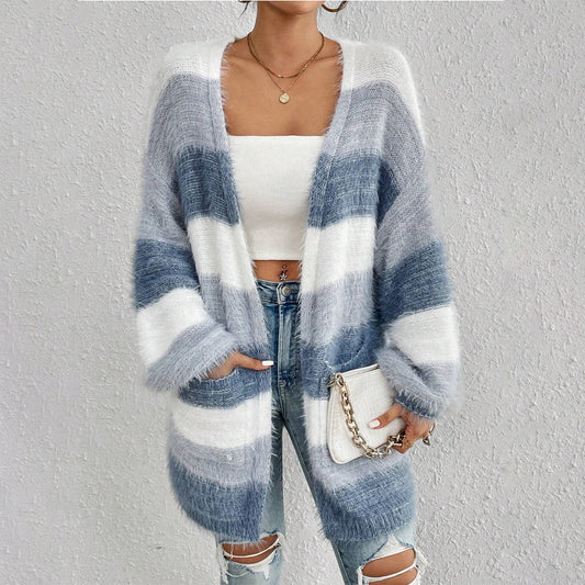 Women’s Knit Cardigan – Oversized Fit – Plush Texture – Open Front – Striped Design