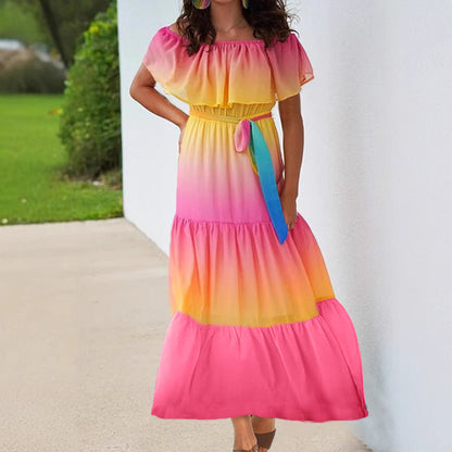 Women’s Dress – Off-Shoulder Ruffle Neckline – Cinched Waist – Breathable Blend