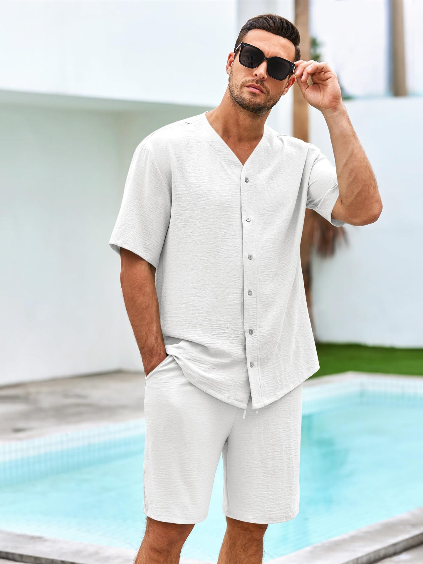 Men’s Two-Piece Set – V-Neck Button Shirt – Relaxed Fit Shorts – Breathable Cotton