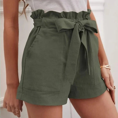 Women’s Shorts – Linen – High Waist – Paper bag Style – Loose Fit – Belted Casual