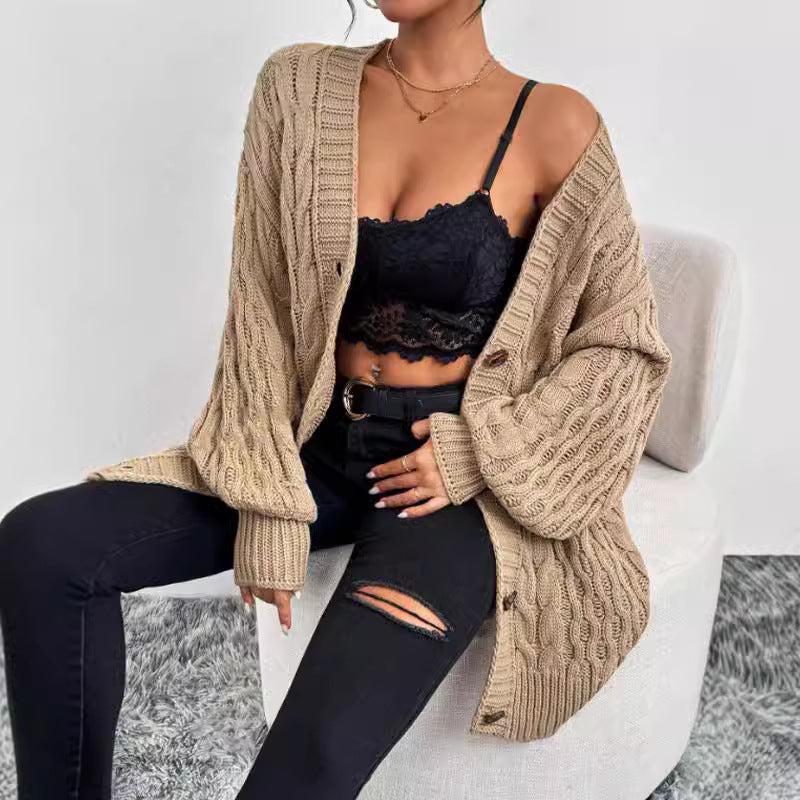 Women’s Knitted Cardigan – Cable Knit – Oversized Fit – V-Neck – Button Front – Long Sleeve