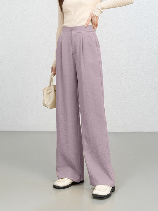 Women’s Wide-Leg Trousers – High Waist – Pleated Front – Full Length – Denim Texture