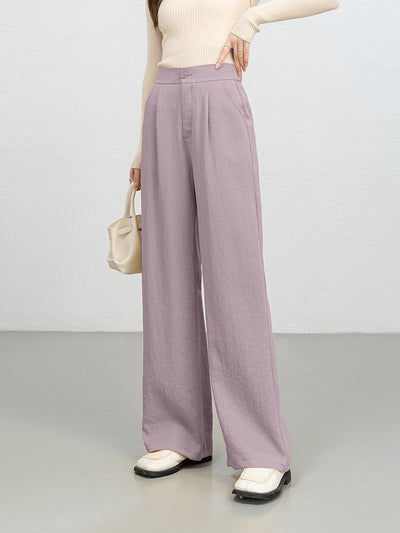 Women’s Wide-Leg Trousers – High Waist – Pleated Front – Full Length – Denim Texture