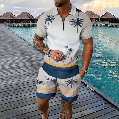 Men’s Shirt and Shorts Set – Slim Fit – Tropical Print – Zip Neck – Cotton Blend