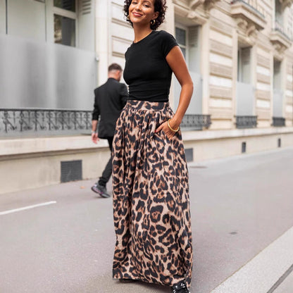 Women’s Pleated Maxi Skirt – Flared Fit – Flowing Lightweight Fabric – Leopard Print