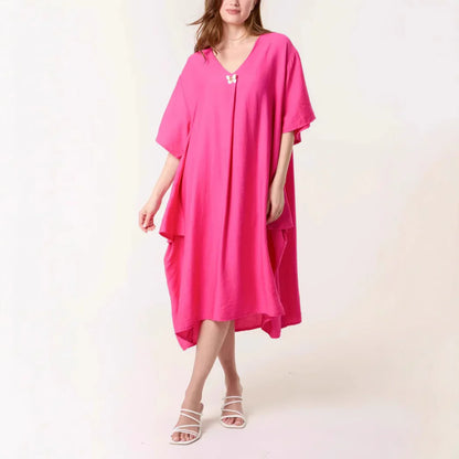 Women’s Tunic Dress – Relaxed Fit – V-Neck – Elbow Sleeve – Midi Length – Breathable Blend