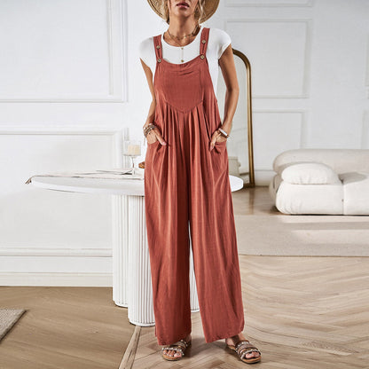 Women’s Overalls – Relaxed Fit – Wide Leg – Cotton Linen Blend – Adjustable Straps