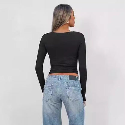 Women’s V-Neck T-Shirt – Slim Fit – Long Sleeve – Cropped Twist Front – Stretch Cotton