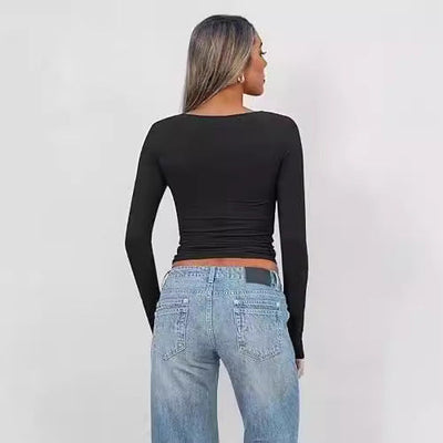 Women’s V-Neck T-Shirt – Slim Fit – Long Sleeve – Cropped Twist Front – Stretch Cotton