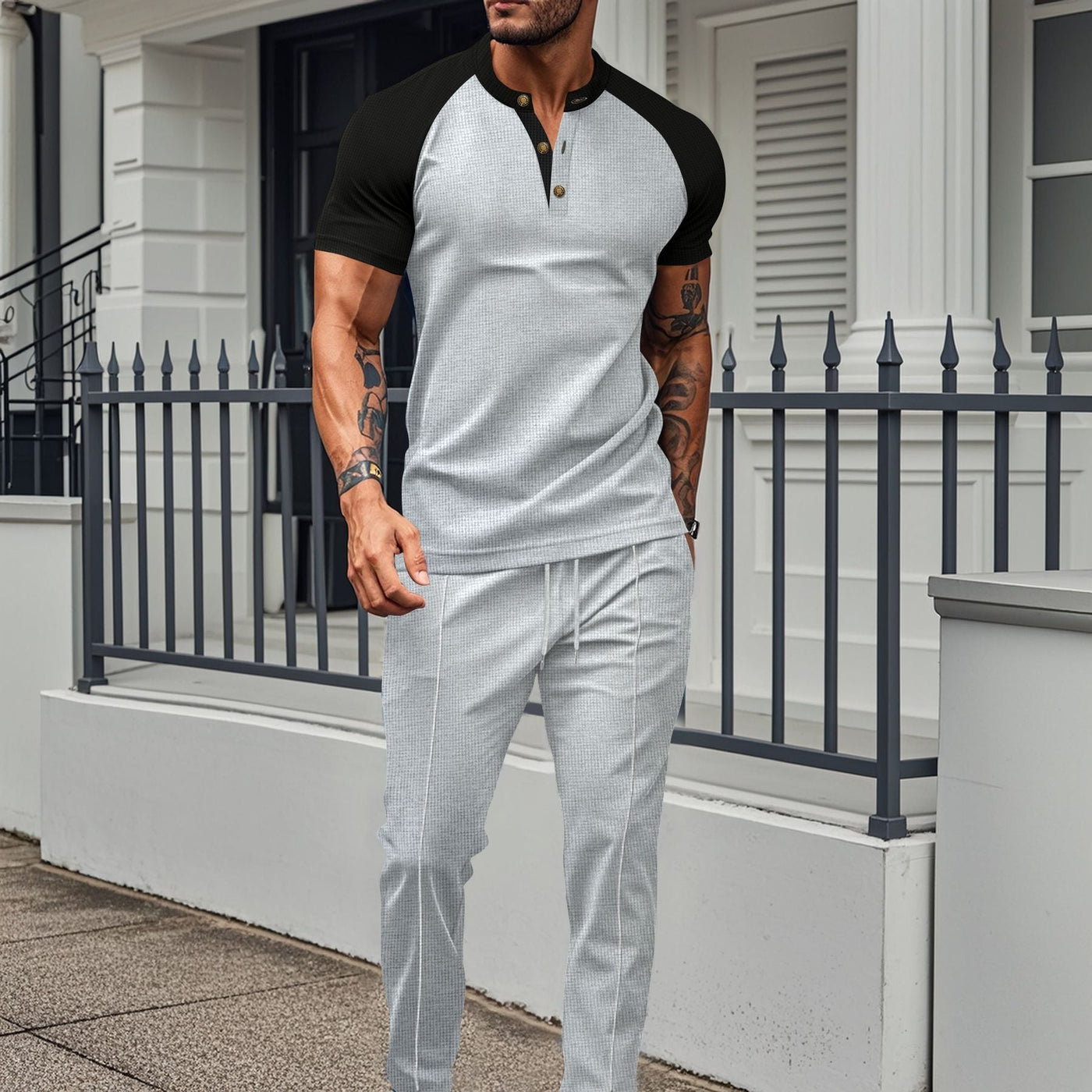 Men’s Two-Piece Set – Short-Sleeve Shirt – Color Block – Athletic Fit – Stand Collar – Stretch Fabric